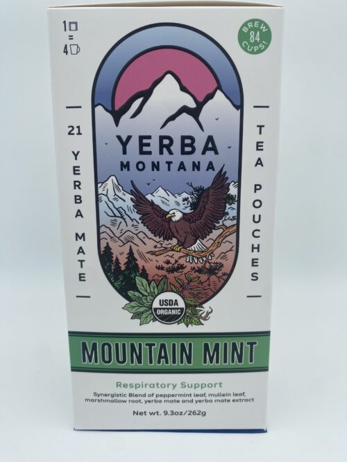 Box of yerba mate tea pouches mountain mint flavor