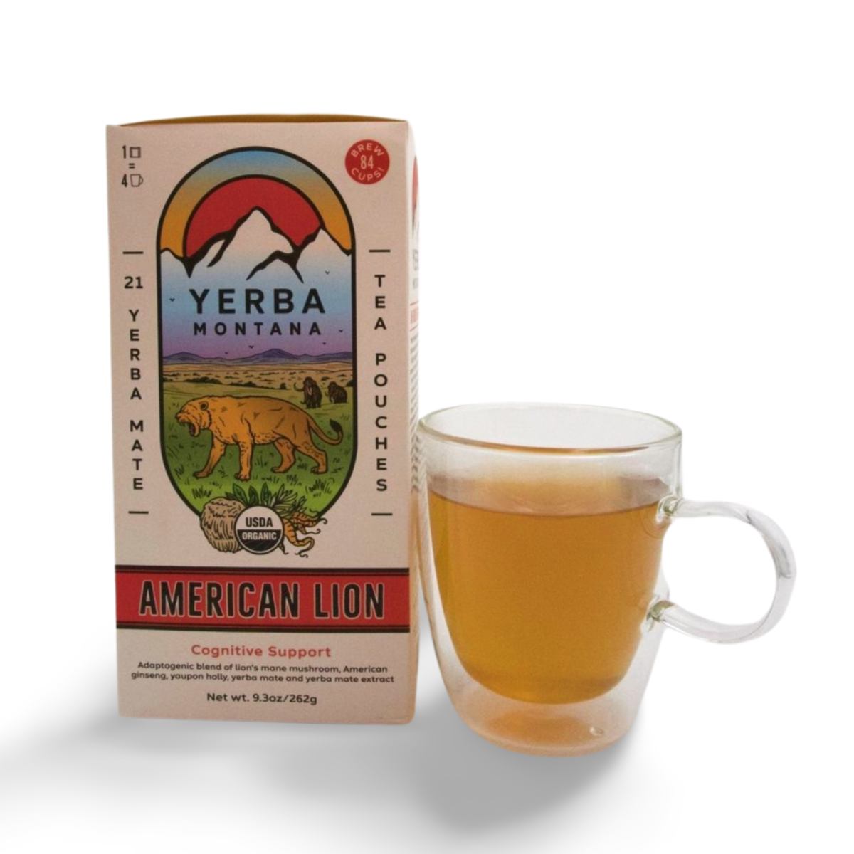 Yerba Mate tea bag pouches with Lion's Mane Mushroom, American ginseng and Yaupon Holly.