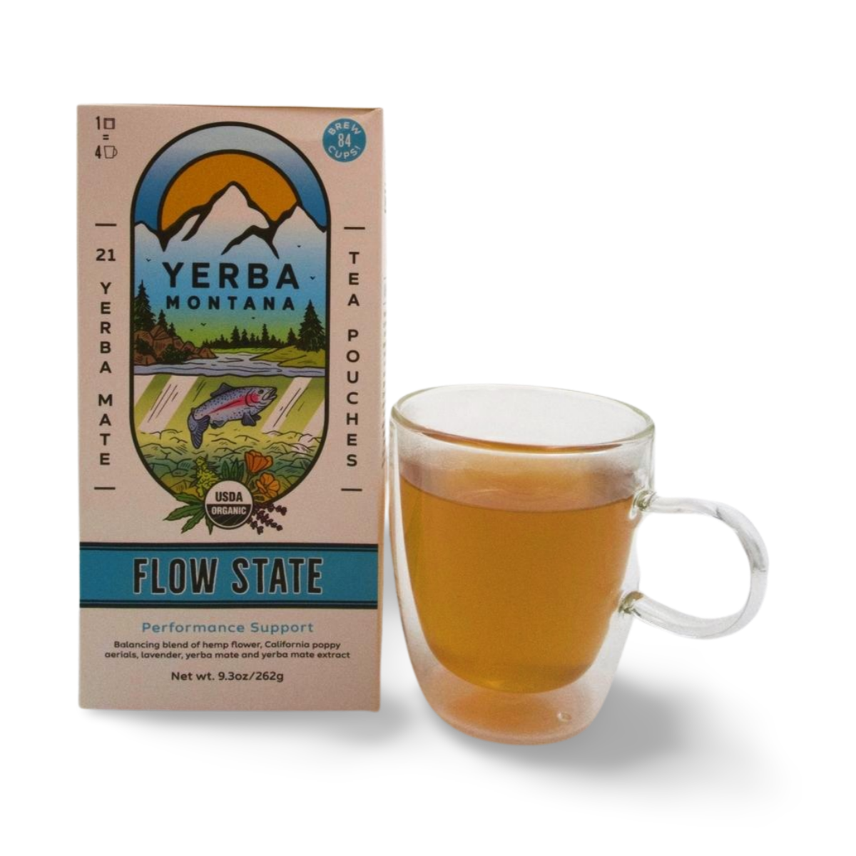 Flow State Yerba Mate tea bags with hemp flower, mullein leaf and marshmallow root