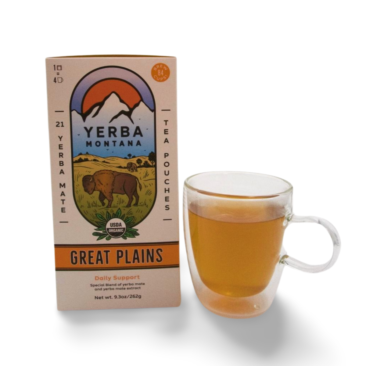 Great Plains Yerba mate tea pouch with hot yerba mate tea