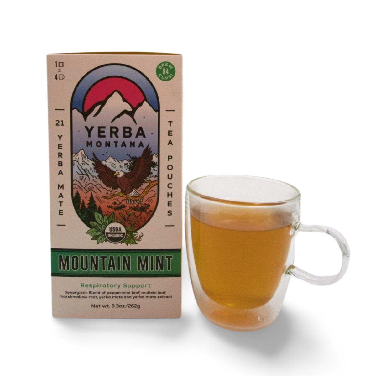 Mountain mint yerba mate tea bag pouches with peppermint leaf, mullein leaf and marshmallow root.